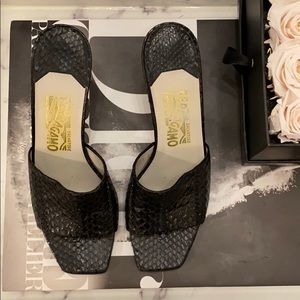 Ferragamo black snake/Lizard square toe mule
